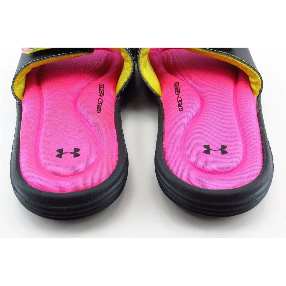 Under Armour Girls' Slides Size 2 Black Synthetic Adjustable‎ Comfort Sandals